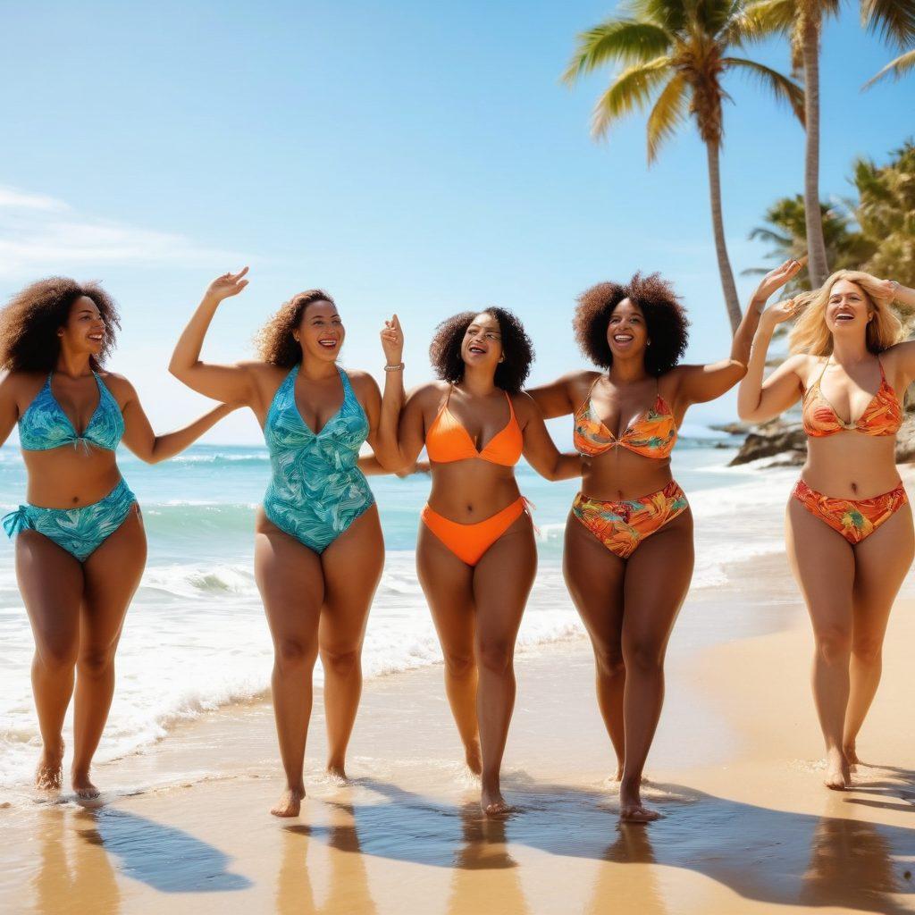 A confident, diverse group of women in colorful, flattering swimwear, joyfully celebrating their bodies at a sunny beach. The scene captures a variety of body shapes and sizes, showcasing vibrant swimwear designs, with splashes of ocean waves and palm trees in the background. The atmosphere is filled with positivity and empowerment, radiating joy and confidence. super-realistic. vibrant colors. sunny beach setting.