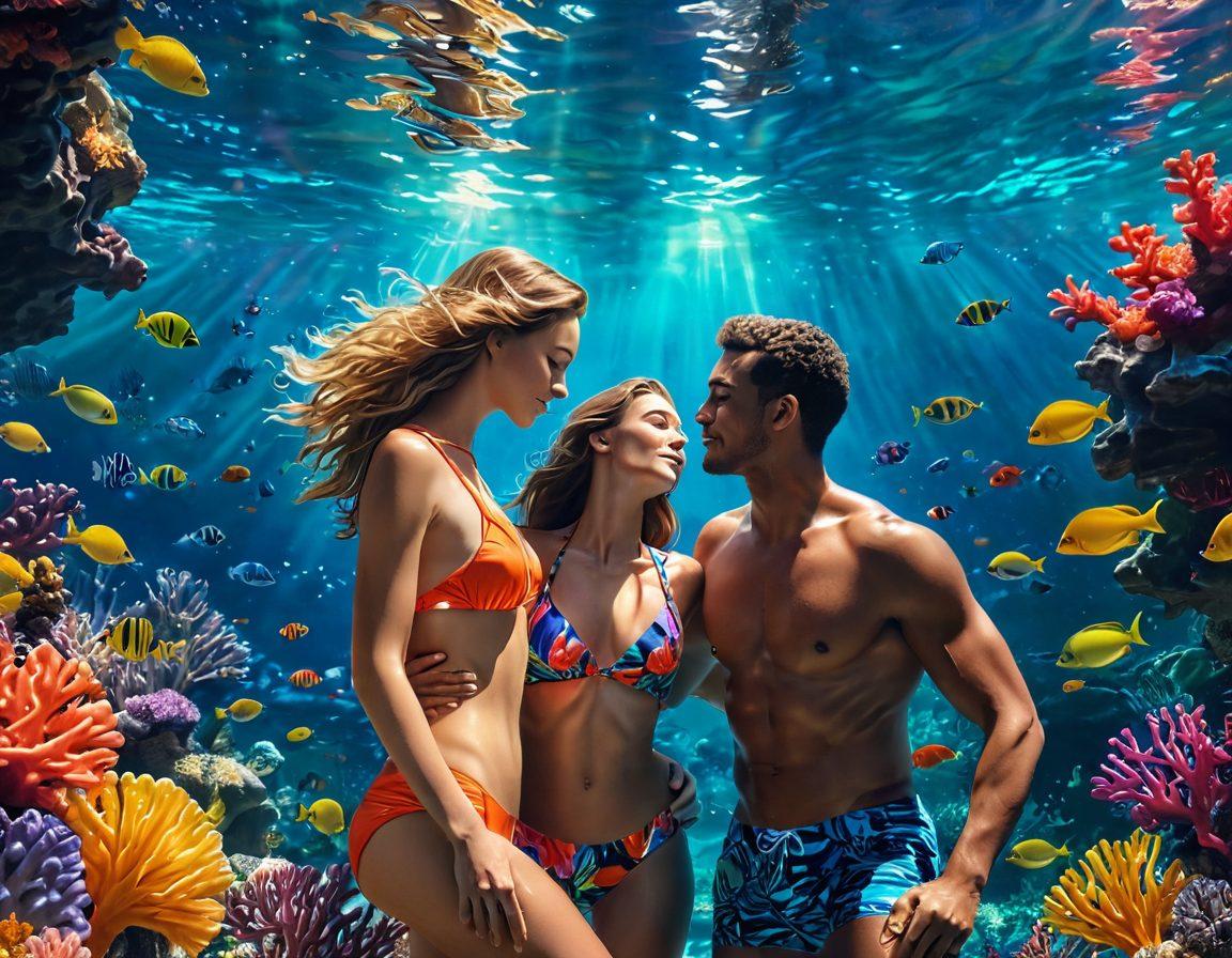 A serene underwater scene featuring a couple in vibrant swimwear sharing an intimate moment, surrounded by colorful coral reefs and swaying sea life. The sunlight streams through the water, creating a magical atmosphere that enhances the sense of adventure. Incorporate elements of playfulness and connection between the couple to reflect pleasure and intimacy. bright colors. 3D. tropical theme.